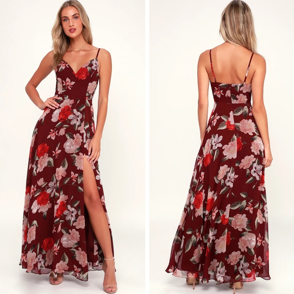 Into Bloom Burgundy Floral Print Maxi Dress